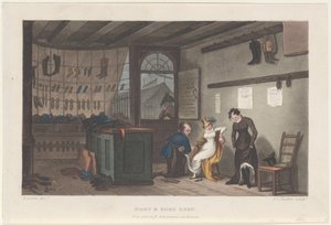 Boot & Shoe Shop, från Poetical Sketches of Scarborough, 1813., 1813. Skapare: Thomas Rowlandson, Joseph Constantine Stadler, J. Bluck.