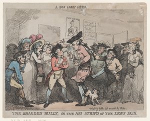 ”En boxningslobbyhjälte”, ”Den märkta mobbaren” eller ”Åsnan som berövats lejonets skinn”. av Thomas Rowlandson