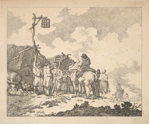 En mässa - En grupp zigenare - män och kvinnor i rustika kläder framför två provisoriska te..., 1786. av Thomas Rowlandson