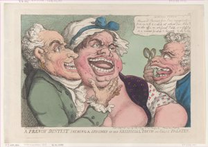 En fransk tandläkare visar ett exemplar av sina konstgjorda tänder och falska gommar..., 26 februari 1811. av Thomas Rowlandson