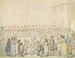 En recension av Northamptonshire Militia i Brackley, Northants (penna och bläck med akvarell på papper) av Thomas Rowlandson