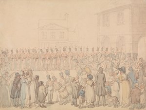 En översikt över Northampton-milisen vid Brackley av Thomas Rowlandson