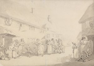 En bybild med flickor som spinner av Thomas Rowlandson