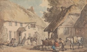 En byväg där boskap och får drivs förbi av Thomas Rowlandson