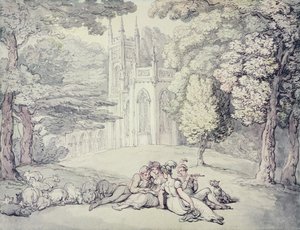 En collegegreen med en grupp tjejer och unga herrar i förgrunden, ca 1810-15 (penna & bläck och akvarell över penna på papper) av Thomas Rowlandson