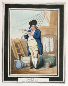 Skeppsmästare, i Royal Navy på 1700-talet, för att uppnå denna rang måste en man ha tjänstgjort minst ett år som kaptenens sekreterare, för att skriva posten och loggboken, kommissionären ansvarade för förrådsreserverna ombord och fartyget av Thomas Rowlandson