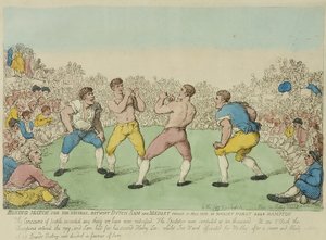 Boxningsmatch för 200 Guineas mellan holländska Sam och Medley (färgad etsning) av Thomas Rowlandson
