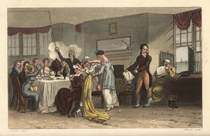 Frukostrummet på Old Bell Inn, Scarborough. Gäster som dricker kaffe, läser tidningar, äter frukost i ett Regency-rum. Handkolorerad kopparstick av Thomas Rowlandson, akvatint av J. Bluck, efter en skiss av J. Green från Poetical Sketche av Thomas Rowlandson