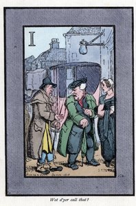 Kolla Hackney som klagar till passagerare om små tips (1819). Trägravyr, baserad på en målning av Thomas Rowlandson (1756-1827), publicerad i The Cris of London: med sex charmiga barn och nästan 40 illustrationer, av Andrew Tuer, Field and Tuer, av Thomas Rowlandson