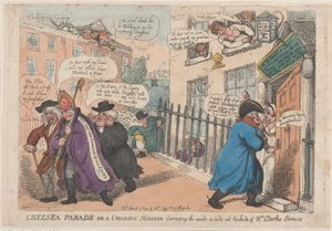Chelsea Parade eller en krokande medlem som undersöker insidan och baksidan av ..., 4 mars 1809. av Thomas Rowlandson