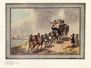 Buss och sex hästar med passagerare och bagage på taket av Thomas Rowlandson
