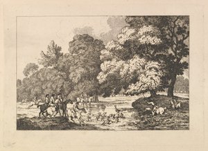 Hjortjakt – En landskapsbild med hjort och jakthundar vid en flod av Thomas Rowlandson