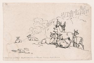 Rådjur från tavla 3, konturer av figurer, landskap och nötkreatur...för användning av Le..., 1 juni 1790. av Thomas Rowlandson