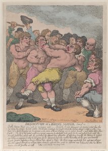 Beskrivning av en boxningsmatch mellan Ward och Quirk för 100 Guineas per sida, Marc..., 1 mars 1812. av Thomas Rowlandson