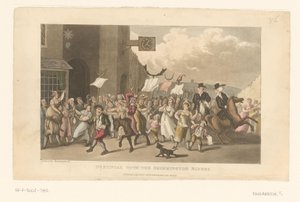 Doktor Syntax rider med på sin häst i ett charivari av Thomas Rowlandson