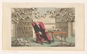 Doktor Syntax sover i ett bibliotek Doktorns dröm (titel på objekt) av Thomas Rowlandson