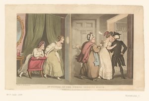 Doctor Syntax leds genom en dörr av två kvinnor av Thomas Rowlandson