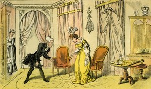 "Dr Syntax mottagen av hembiträdet istället för älskarinnan" av Thomas Rowlandson