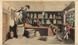 Full Johnny förföljd av nattväktare i en livsmedelsbutik på väg att ramla ner i en smörtunna. Handkolorerad kopparstick av W. Läst efter en illustration av Thomas Rowlandson från Alfred Burtons The Adventures of Johnny Newcombe in the Navy, Si av Thomas Rowlandson