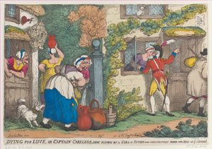Dying for Love, eller Captain Careless, skjuten flygande av en flicka på femton som oväntat poppar..., 1810. av Thomas Rowlandson