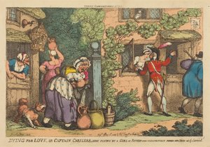 Att dö för kärlek, eller Kapten Careless som blev skjuten i farten av en femtonårig flicka som oväntat stack ut huvudet genom ett fönster av Thomas Rowlandson