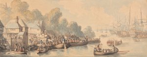 Ombordstigning i Southampton, 20 juni 1794 (akvarell och penna och brunt, grått och rödbrunt bläck över grafit på medium, lätt texturerat, krämvävt papper) av Thomas Rowlandson