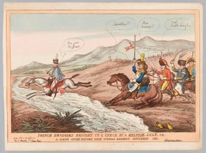 "Engelska seder och fransk försiktighet eller franska dragoner förde till en check av Belvoir-språng september 1811" (gravyr, färgad) av Thomas Rowlandson