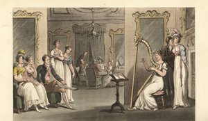Engelsk gentleman och damer som lyssnar på en harpist på en bal av Thomas Rowlandson