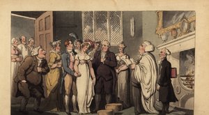 Engelsk gentleman som gifter sig med sin brud i ett ståtligt hem av Thomas Rowlandson