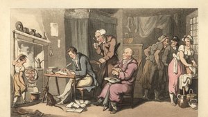 Engelsk gentleman som skriver ett tiggeribrev i en förfallen salong av Thomas Rowlandson