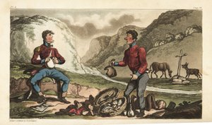 Fänrik Johnny Newcome och hans Subaltern äter frukost med skinka, nötkött, kex och konjak vid en vägkant i Portugal. Handfärgad kopparstick tecknad och etsad av Thomas Rowlandson från överste David Roberts The Military Adventures of Johnny Newc av Thomas Rowlandson