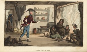 Fänrik Johnny Newcome anländer till sin Subalternters biljett i Portugal, ett hål med smutsiga tiggare. Handfärgad kopparstick tecknad och etsad av Thomas Rowlandson från överste David Roberts The Military Adventures of Johnny Newcome, Martin, Lo av Thomas Rowlandson
