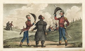 Fänrik Johnny Newcome introducerades för översten av sitt regemente före slaget vid Salamanca. Handfärgad kopparstick tecknad och etsad av Thomas Rowlandson från överste David Roberts The Military Adventures of Johnny Newcome, Martin, London av Thomas Rowlandson