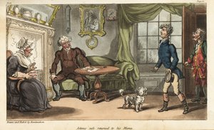 Fänrik Johnny Newcome återvänder hem till England på sjukskrivning från Peninsula Campaign. Handfärgad kopparstick tecknad och etsad av Thomas Rowlandson från överste David Roberts The Military Adventures of Johnny Newcome, Martin, London av Thomas Rowlandson
