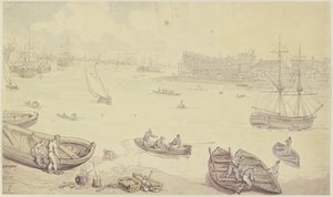 En flod med många fartyg och ett varv av Thomas Rowlandson