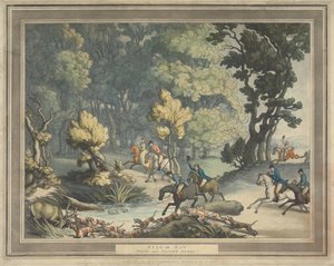 Rävjakt [serie om fyra]:  2.  Hjort i trångmål. / Scen nära Taplow i Berks av Thomas Rowlandson