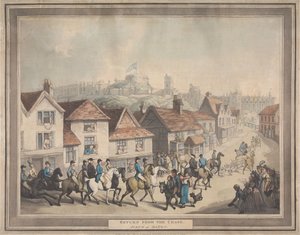 Rävjakt [serie om fyra]:  4. Återkomsten från jakten. / Scen vid Eaton av Thomas Rowlandson