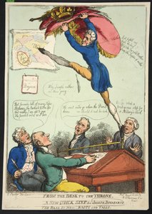 Från skrivbordet till tronen. Ett nytt snabbt steg av Joseph Bonaparte. The Bass av Mrs Nappy och Talley, pub. 1808 (handfärgad gravyr) av Thomas Rowlandson
