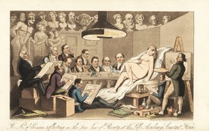 Georgiska konstnärer som Benjamin West, Thomas Lawrence, Benjamin Haydon, Joseph Farrington, Richard Westall och Martin Archer Shee ritar en naken modell, medan klassiska byster tittar ner. Royal Academicians of Genius som reflekterar över skönhetens sanna av Thomas Rowlandson