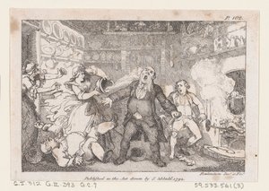 Värdinna släpper ut en panna med blod i ansiktet på Parson Andrews, från The Adventures of..., 1792. av Thomas Rowlandson