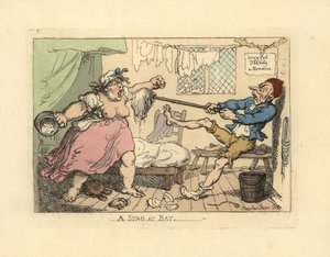 Maken håller av sin arga fru med mopp. av Thomas Rowlandson