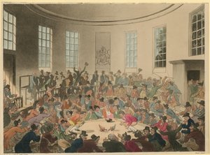 Illustration som visar en folkmassa som tittar på en tuppkamp av Thomas Rowlandson