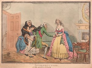 Introduktion, pub. 1793 (handfärgad gravyr) av Thomas Rowlandson