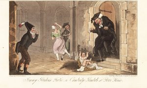 James Gordon, en beryktad berusad berusning från Cambridge, lämnar en bebis som ett spratt framför huset till en universitetsdekanus. Jemmy Gordons Frolic, eller Cambridge Gambols på Peter House. Handfärgad kopparplåt tecknad och graverad av Thomas Rowland av Thomas Rowlandson