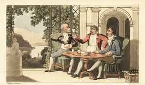 Johnny och vänner dricker och sjunger på en terrass med utsikt över Themsen. Handkolorerad kopparstick av Thomas Rowlandson från William Combes The History of Johnny Quae Genus, the Little Foundling of the late Doctor Syntax. av Thomas Rowlandson