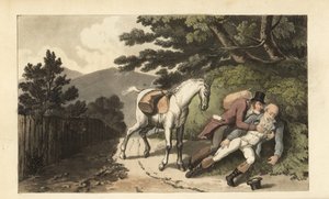 Johnny hjälper en resenär som har kastats från sin häst. Handkolorerad kopparstick av Thomas Rowlandson från William Combes The History of Johnny Quae Genus, the Little Foundling of the late Doctor Syntax. av Thomas Rowlandson