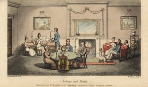 Johnny uppvaktar Maria i en salong medan andra spelar kort och sjunger sånger framför härden. Handkolorerad kopparstick av W. Läst efter en illustration av Thomas Rowlandson från Alfred Burtons The Adventures of Johnny Newcombe in the Navy, Si av Thomas Rowlandson