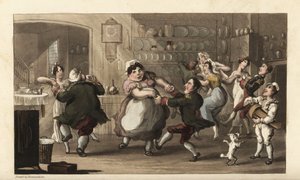 Johnny dansar på en hemlig fest med andra tjänare i köket. Kock, kusk, piga och coatman njuter av mästarens mat och vin. Handkolorerad kopparstick av Thomas Rowlandson från William Combes The History of Johnny Quae Genus, the Li av Thomas Rowlandson