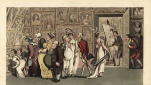 Johnny i tjänst för porträttmålaren Carmine på hans galleri. När Johnny är ensam försämrar han porträtten med krita och orsakar furore. Handkolorerad kopparstick av Thomas Rowlandson från William Combes The History of Johnny Quae Genus, the Li av Thomas Rowlandson