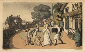 Johnny tar farväl av sin mamma och sina systrar när han åker till Royal Navy på diligens. Handkolorerad kopparstick av W. Läst efter en illustration av Thomas Rowlandson från Alfred Burtons The Adventures of Johnny Newcombe in the Navy, Si av Thomas Rowlandson